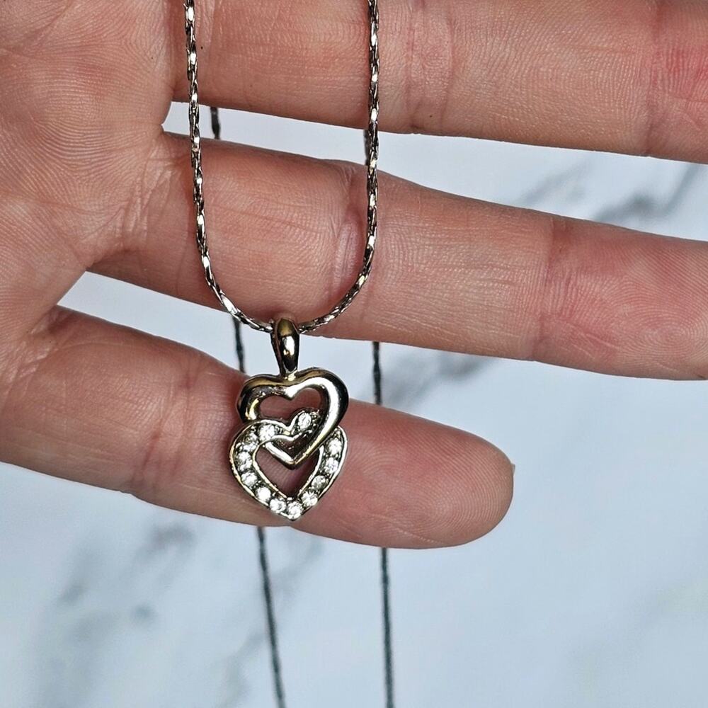 VTG 18K GP Double Heart Rhinestone Pendant Necklace Silver Tone Gold Plated